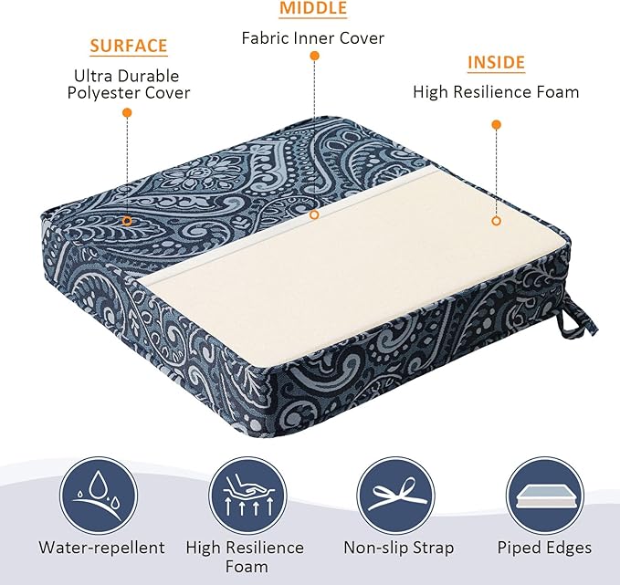 Square Corner Seat Cushions, 18.5" x 16" x 3", Set of 4, Indoor Outdoor Water Repellent Universal Chair Pads with Ties for Patio Furniture, Garden Deck Dining Chairs, Damask Blue Flower-VerdiqueGarden