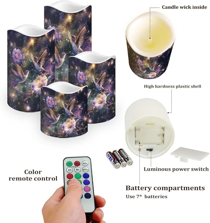 Ystardream LED Candle Set of 4 with Remote Control, Multicolor, Modern, Battery Operated, Tabletop, Indoor, 4/8H Timer, 12 Colors, 5.7 Inches Tall-VerdiqueGarden