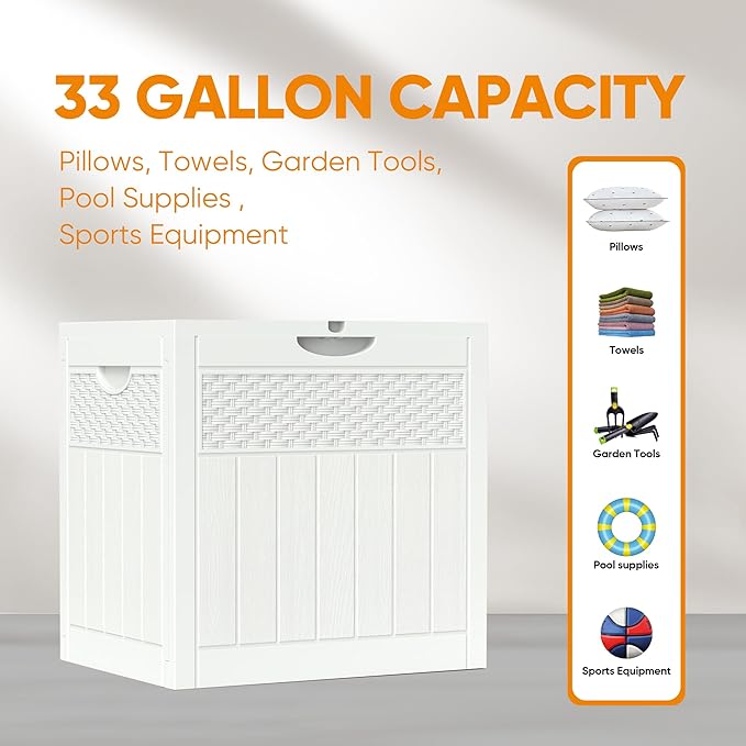 33 Gallon Resin Deck Box, Weatherproof Outdoor Storage Box for Patio, Garden and Yard, Lockable Waterproof Bin for Tools, Cushions, and Accessories, White-VerdiqueGarden