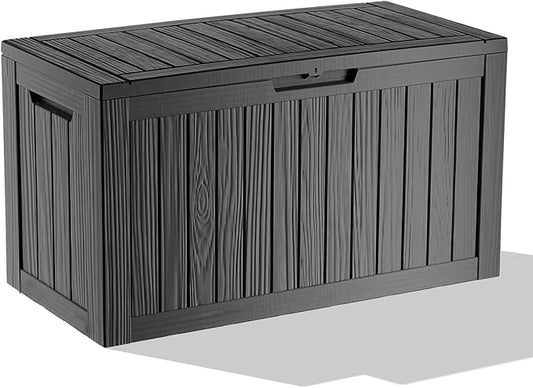 86 Gallon Outdoor Deck Box,Storage Lockable Waterproof Patio Furniture,Garden Tools,Cushions,Pool Accessories Outside Storage Resin Box(Black)-VerdiqueGarden