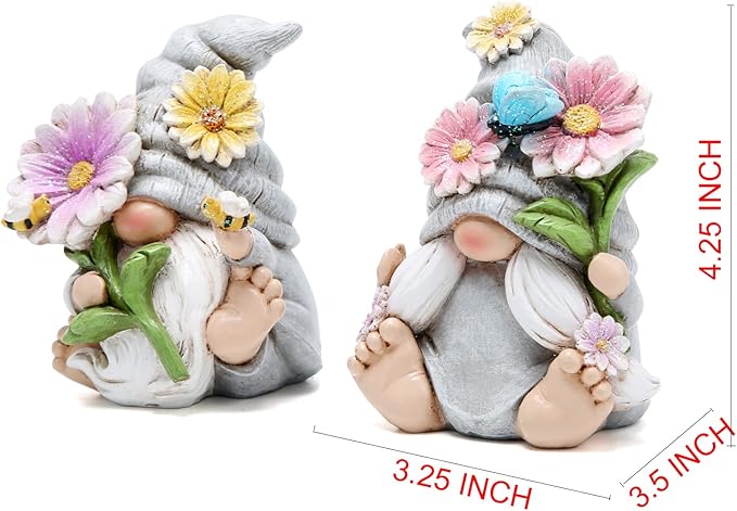 Hodao Set of 2 Spring Gnome Decorations Flower Gnomes Ornaments Decor Summer Gnomes Figurines Spring Gnomes for Outdoor Garden Decor Spring Birthday Gifts for Women, Mom, Grandma (Grey)-VerdiqueGarden