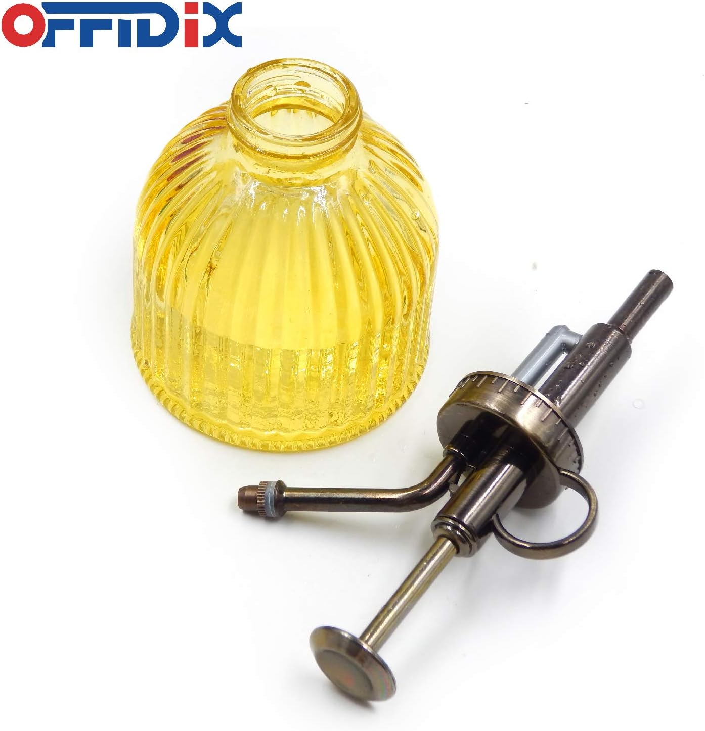 OFFIDIX Glass Watering Spray Bottle, 6.3" Tall Vintage Style Decorative Plant Atomizer Watering Can Pot with Bronze Plastic Top Pump for Indoor Potted Plants(Yellow)-VerdiqueGarden