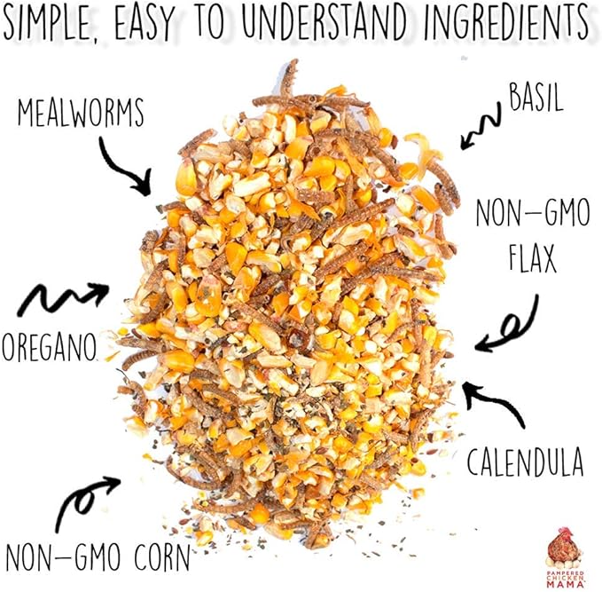 Pampered Chicken Mama Non-GMO Mealworm, Corn, Flax, & Herb Treat (10 Pounds) for Backyard Chickens, Healthy Layer Feed & Supplies for Pet Chickens Poultry Queen Treat for Hens-VerdiqueGarden