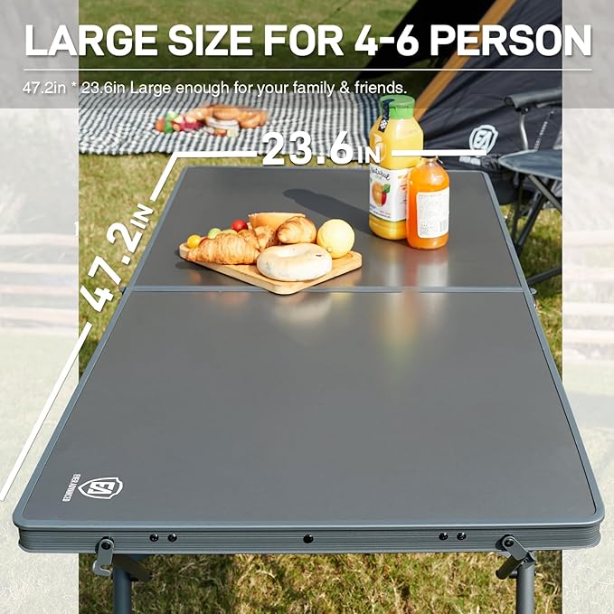 EVER ADVANCED Large Camping Table for 4-6 Person, Portable Folding Aluminum Table with Carrying Handle, Suitable for BBQ, Picnic, Camping and Indoor Use, Support up to 130LBS, Gray-VerdiqueGarden