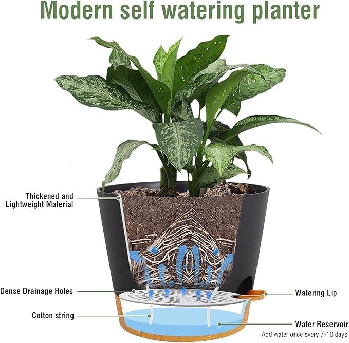 12 inch Large Self Watering Pots, Plant Pots with Mesh Drainage Holes for Indoor Outdoor Plants, Plastic Planters with Deep Reservoir for Garden House Flower Plants, Black with Brown-VerdiqueGarden