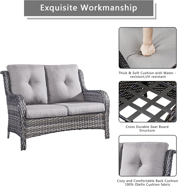 Outdoor Wicker Patio Furniture Set - 6 Piece Rattan Patio Conversation Set with 2 Rocking Swivel Chairs,2 Ottomans,1 Loveseat and 1 Coffee Table for Porch Deck Backyard Garden(Mixed Grey/Grey)-VerdiqueGarden