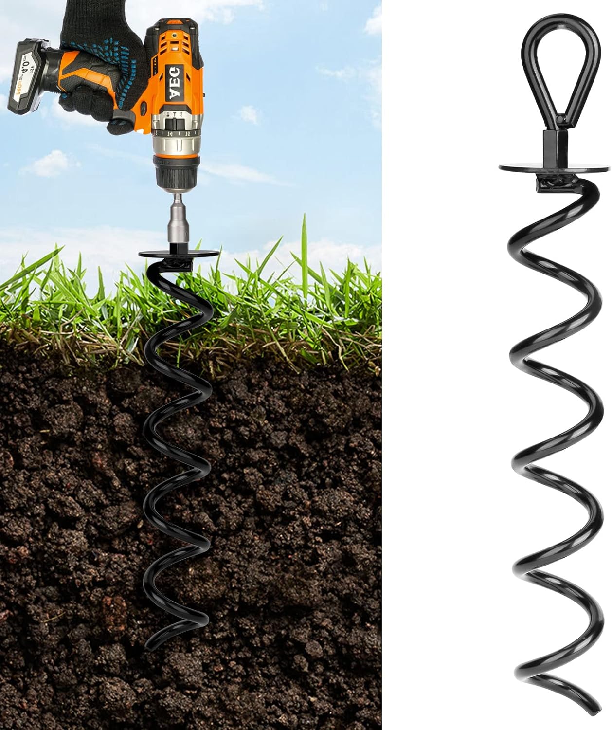 1 Pcs 15.3 Inch Ground Anchor Heavy Duty for High Winds Screw in Earth Anchor Swing Set Spiral Auger Stakes Suitable for Tent Trampoline Tree Garden Fence Sheds Swingset, Easy to Use with Drill-VerdiqueGarden