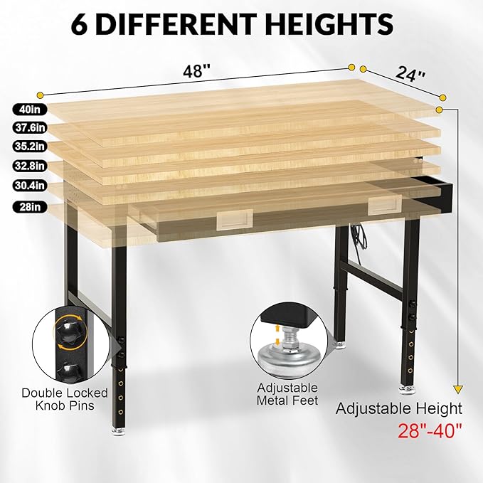 48" Workbench with Drawers, Adjustable Height Work Bench 2000 LBS Heavy-Duty Work Table Rubber Wood Work Station with Power Outlet & Pegboard for Garage, Office, Workshop, Home, Party Shop-VerdiqueGarden