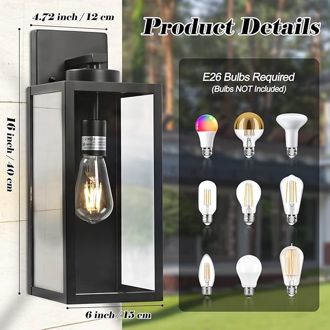 16-inch Large Outdoor Wall Light Fixture, Black Exterior Wall Lantern Waterproof, Farmhouse Porch Sconce Lighting With Glass, Modern Wall-Mounted Outside Lights for House, Garage, Patio Lamp, 2 Packs-VerdiqueGarden
