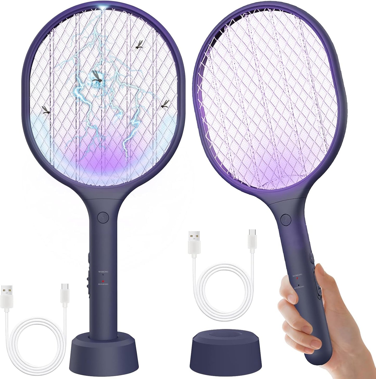 Electric Fly Swatter 2 Pack, 3000V Bug Zapper Racket Fly Zapper with 1500mAh Rechargeable Battery, Indoor Outdoor Fly Trap Mosquito Killer with 3-Layer Safety Mesh for Home, Kitchen, Patio, Camping-VerdiqueGarden