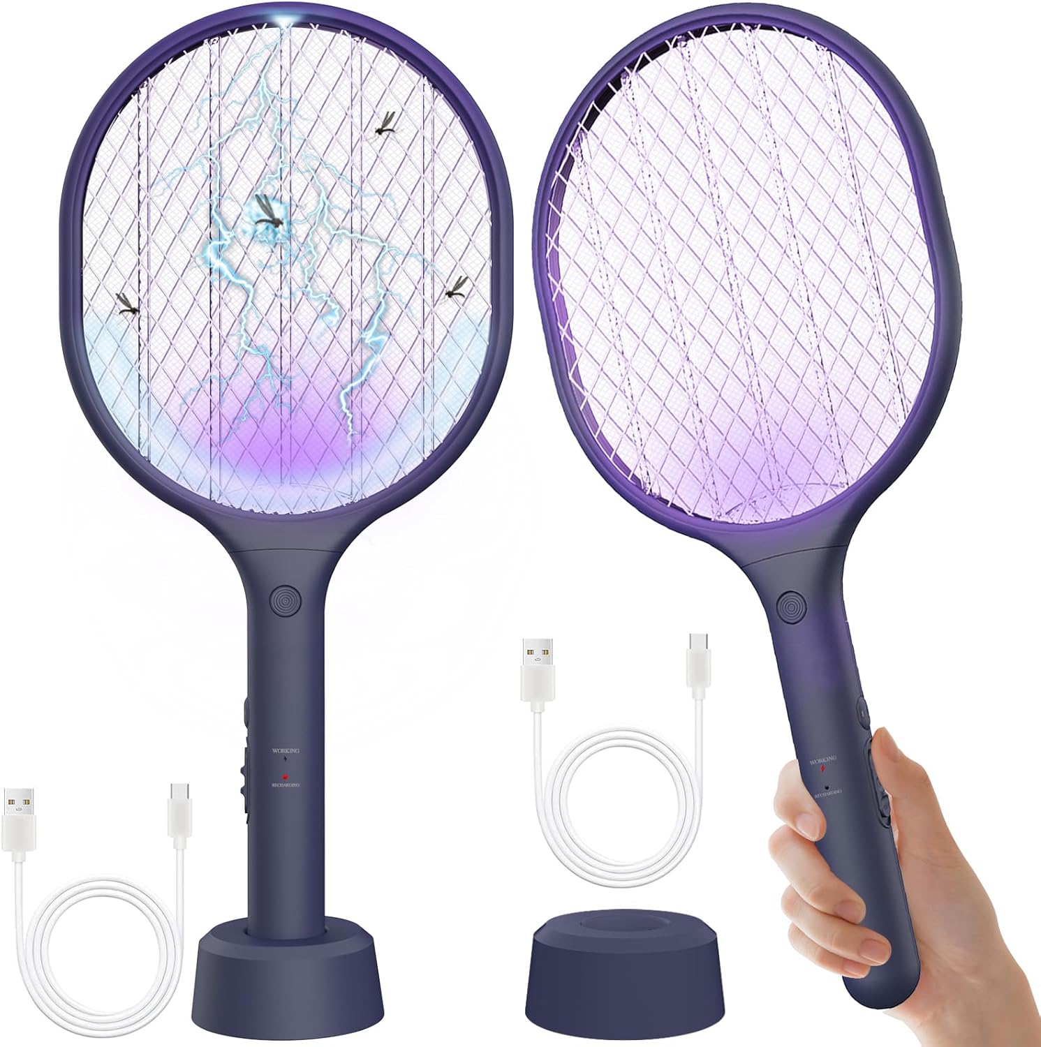 Electric Fly Swatter 2 Pack, 3000V Bug Zapper Racket Fly Zapper with 1500mAh Rechargeable Battery, Indoor Outdoor Fly Trap Mosquito Killer with 3-Layer Safety Mesh for Home, Kitchen, Patio, Camping-VerdiqueGarden
