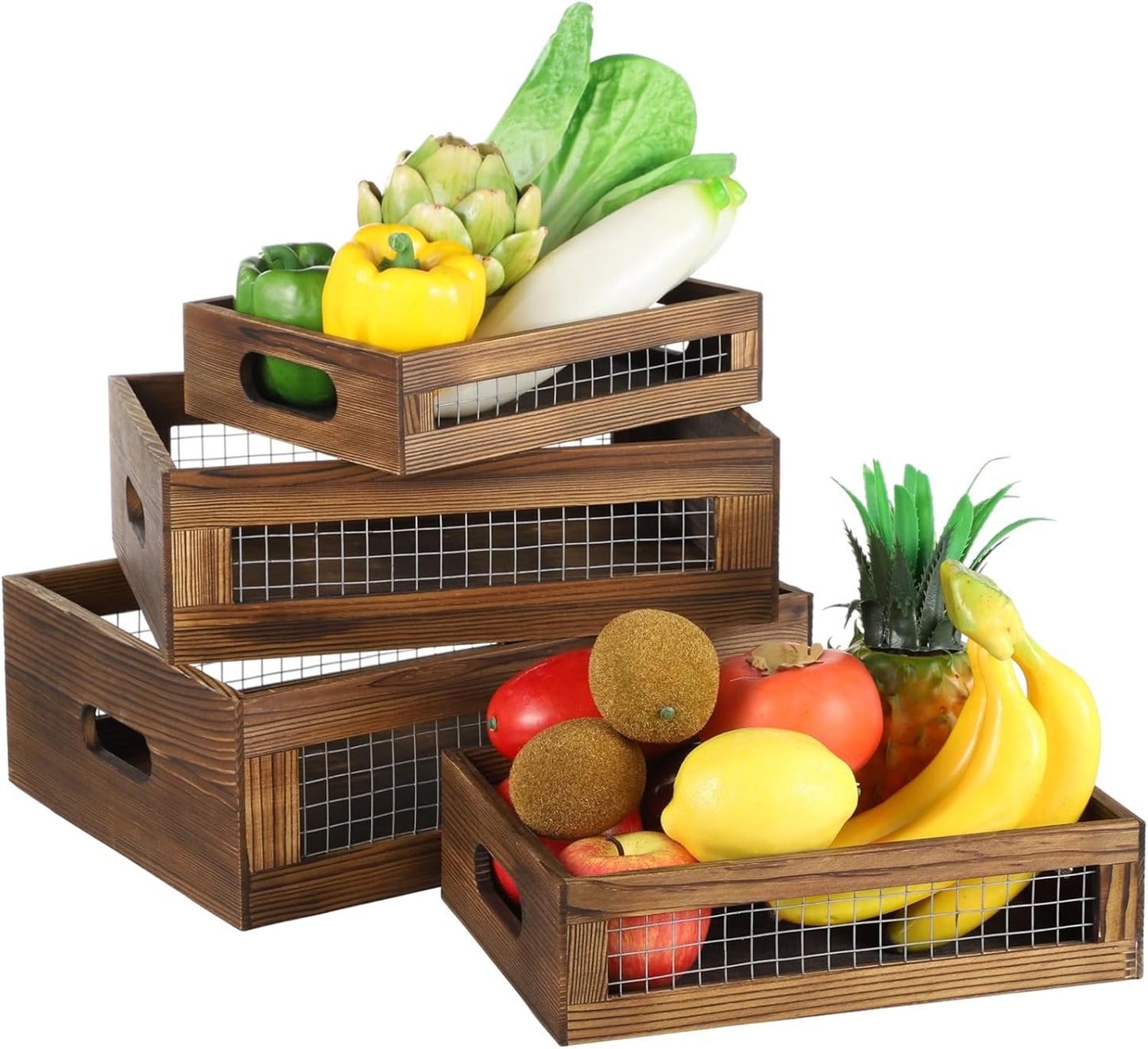 4 Pcs Wooden Nesting Countertop Baskets, 4-Size Rustic Storage Boxes, Wood Wire Containers with Handles, Multipurpose Decorative Organizer Crates for Fruits, Veggies, Kitchen, Pantry-VerdiqueGarden