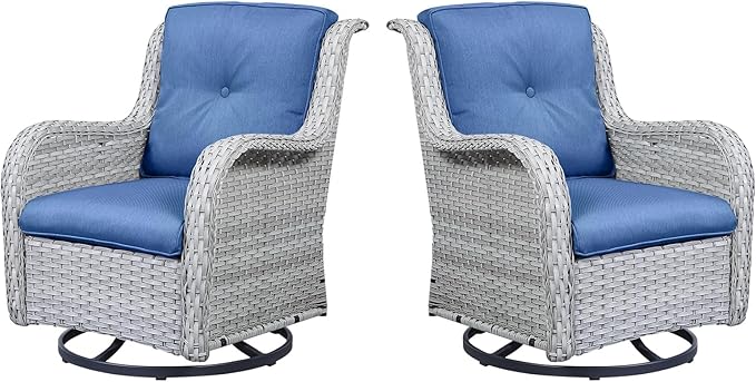 Outdoor Swivel Rcoker Patio Chairs - Outdoor Swivel Patio Chairs Set of 2 Wicker Chair Patio Furniture Sets with Covered Cushion for Porch Deck Balcony Garden, Blue Cushion-VerdiqueGarden
