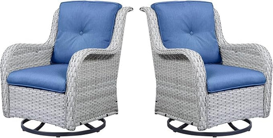 Outdoor Swivel Rcoker Patio Chairs - Outdoor Swivel Patio Chairs Set of 2 Wicker Chair Patio Furniture Sets with Covered Cushion for Porch Deck Balcony Garden, Blue Cushion-VerdiqueGarden