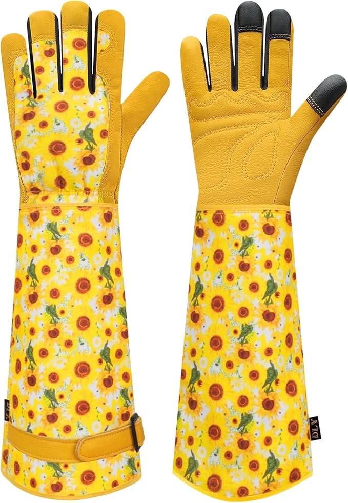DLY Gardening Gloves for Women, Rose Gloves Gardening Thorn Proof, Long Garden Gloves for Women, Breathable Cowhide Leather Gauntlet (X-Large, Yellow-VerdiqueGarden
