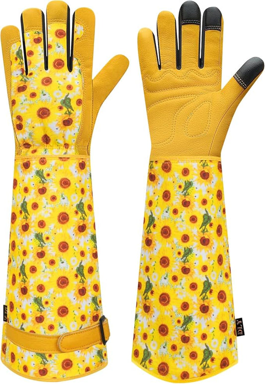 DLY Gardening Gloves for Women, Rose Gloves Gardening Thorn Proof, Long Garden Gloves for Women, Breathable Cowhide Leather Gauntlet (X-Large, Yellow-VerdiqueGarden