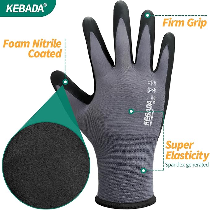 Kebada Work Gloves for Men and Women, Foam Nitrile Coated Safety Gloves with Grip, Ideal for Warehouse Package Handling, Gardening, Mechanic and Construction, XL-VerdiqueGarden