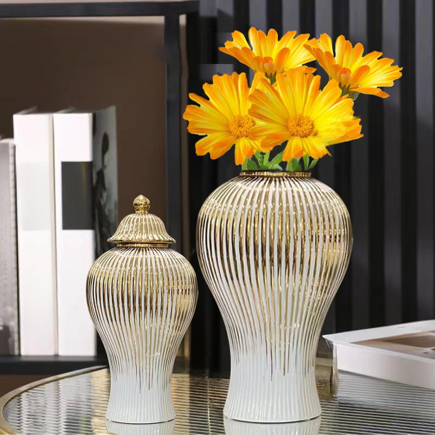 Ginger Jar, White Gold Ceramic Vase Large Handmade Porcelain Vases with Lid, White Gold Decorative Flower Vase for Home, Living Room, Weddings, Centerpieces (B-Medium)-VerdiqueGarden