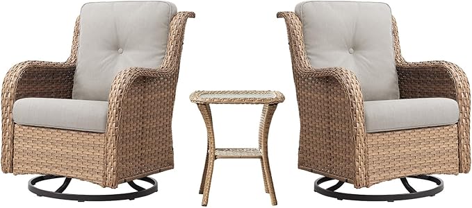 Outdoor Swivel Rocker Patio Chairs - 360 Degree Swivel Glider Seating 350LBS Weight Capacity 3 Piece Wicker Rocking Chairs Set with Side Table for Porch Balcony Deck, Yellow/Beige-VerdiqueGarden