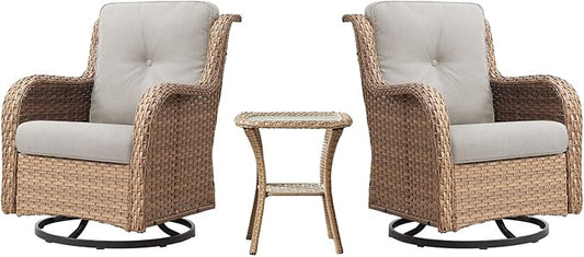 Outdoor Swivel Rocker Patio Chairs - 360 Degree Swivel Glider Seating 350LBS Weight Capacity 3 Piece Wicker Rocking Chairs Set with Side Table for Porch Balcony Deck, Yellow/Beige-VerdiqueGarden