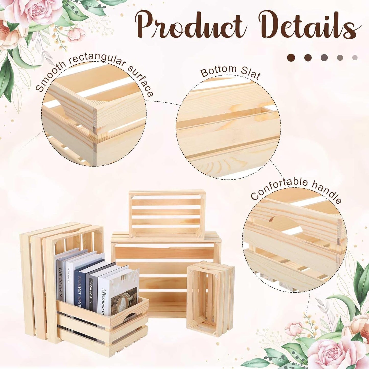 Soaoo 5 Pcs Decorative Nesting Wooden Crates for Storage Display 5 Size Large Small Rustic Wood Decorative Storage Crates with Handle Farmhouse Crate Box Container Made from Pine(Natural Color)-VerdiqueGarden