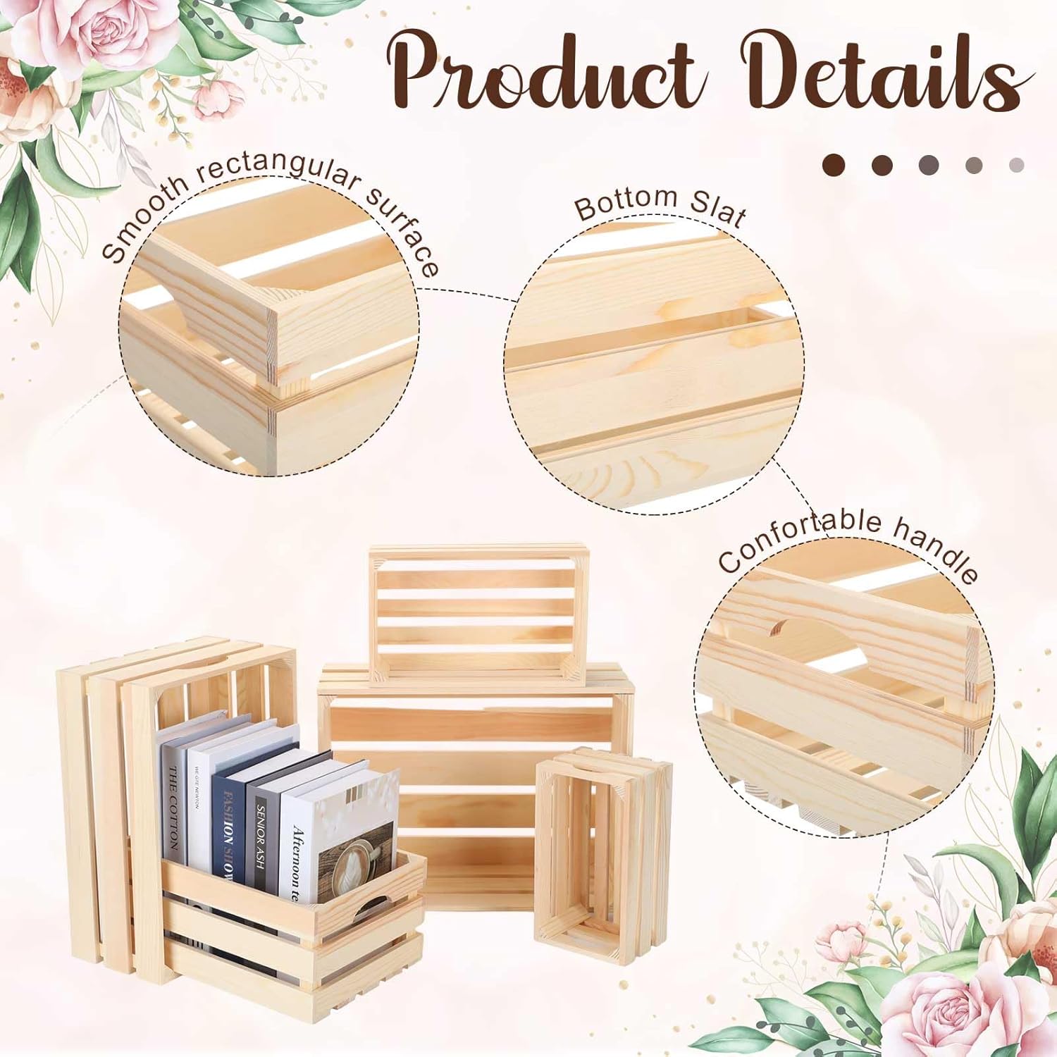 Soaoo 5 Pcs Decorative Nesting Wooden Crates for Storage Display 5 Size Large Small Rustic Wood Decorative Storage Crates with Handle Farmhouse Crate Box Container Made from Pine(Natural Color)-VerdiqueGarden