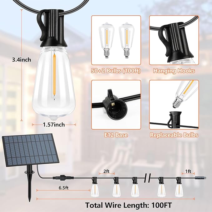 100FT Outdoor Solar String Lights with Remote, USB Rechargeable LED Patio Lights with 52 Timer Dimmable ST38 Edison Bulbs, Enhanced 5W Solar Panel Outside Hanging Lights for Porch Garden Deck Backyard-VerdiqueGarden