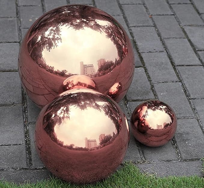 Nerien Gazing Ball, Stainless Steel Garden Mirror Globe, Polished Ornament Sphere, Hollow Floating Reflective Hemisphere, for Home Outdoor Pond Housewarming Swimming Pool Decoration, Rose Gold, 5Pcs-VerdiqueGarden