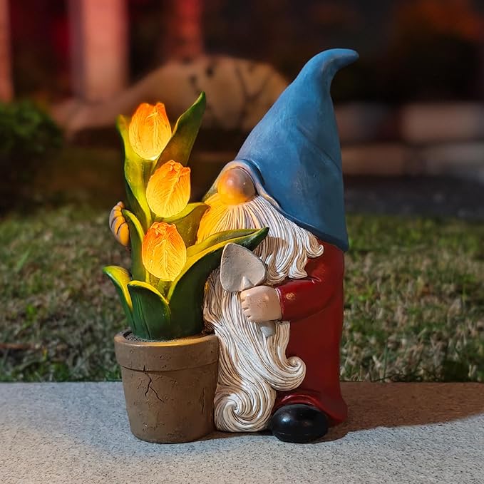 Garden Gnome Statue, Sculpture of a Dwarf Holding a Shovel and a Flower Pot, Solar Gnome Statues Outdoor Decor, Outside Lawn Patio Yard Ornament Gifts-VerdiqueGarden