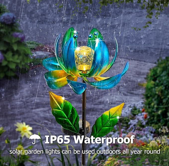 Solar Yard Lights Wind Spinners- Metal Lotus Flower Garden Decor LED Crackle Glass Globe Yard Art Sculpture Solar Stake Lights for Patio Pathway Lawn Walkway-VerdiqueGarden