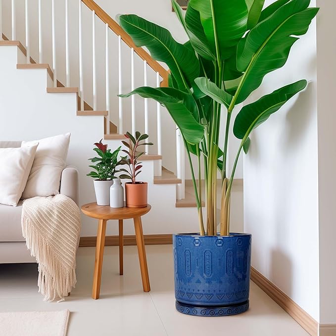 12 Inch Pot for Plants - Ceramic Planter for Indoor Plants Large Plant Pot with Drainage Holes and Saucer Outdoor Flower Pot Decorative Round Planter for Porch Office Decor Blue-VerdiqueGarden