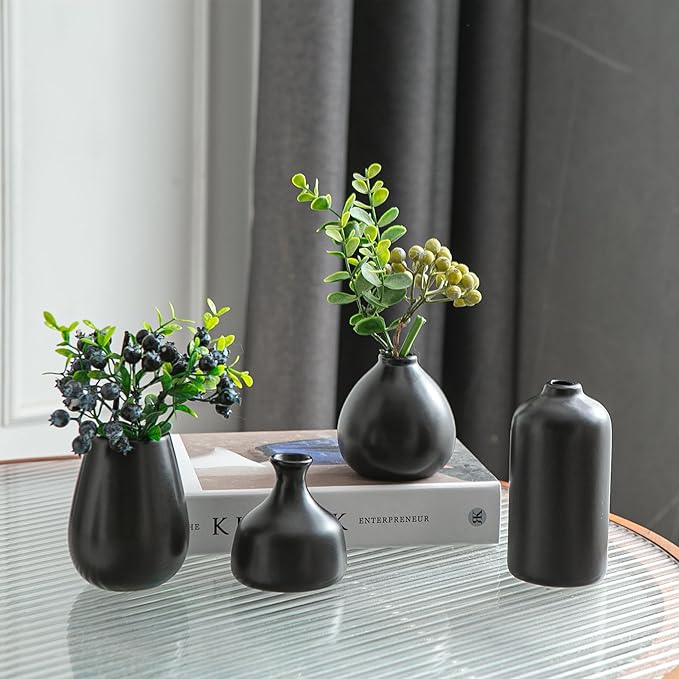 JOJUNO Black Bud Vases, Small Ceramic Vase Set of 11, Mini Pottery Vases for Flowers, Decorative Pieces for Home Modern Decor, Boho Decor, Chic Accents for Living Room Dining Table Shelves-VerdiqueGarden