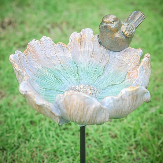 MUMTOP Outdoor Antique Bird Bath Small Flower Bird Baths Bowl Resin Birdbaths for The Garden with Metal Stake