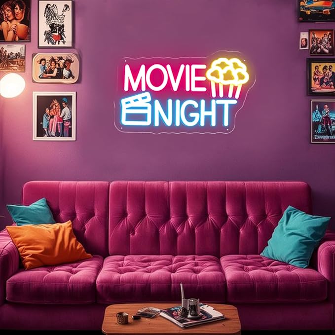Movie Night Neon Sign With Popcorn Dimmable LED Neon Lights for Wall Decor USB Powered Light Up Signs for Bedroom Living Room Cinema Film Room Man Cave Home Bar Wedding Birthday Party-VerdiqueGarden