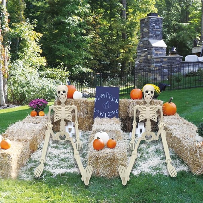 CAMIRUS 2PACK Plastic Posable Halloween Skeleton Decorations, 3FT Poseable Skeleton Full Body with Movable Joints for Halloween Indoor/Outdoor Haunted Houses, Lawn, Graveyard Decor-VerdiqueGarden