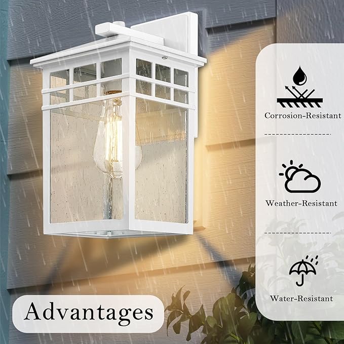 Outdoor Light Fixture Wall Mount, Rustic Exterior Lights Fixture Wall Sconces with Seeded Glass for Front Porch, Waterproof Outdoor Lantern in White Finish for Home, Garage, Barn, Storefront-VerdiqueGarden