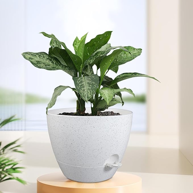 12 inch Large Self Watering Pots for Indoor Outdoor Plants, Plant Pots with Mesh Drainage Holes for Garden House Plants, Plastic Planters with Reservoir for Flower, Speckled White-VerdiqueGarden