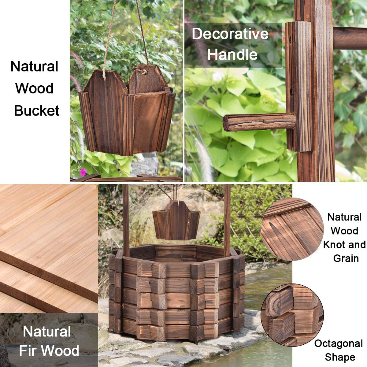 S AFSTAR Wooden Garden Bridge, 5FT Stain Finished Arch Footbridge with Safety Rails for Garden Patio Yard, Outdoor Pond Bridge & Wishing Well Planter Set-VerdiqueGarden