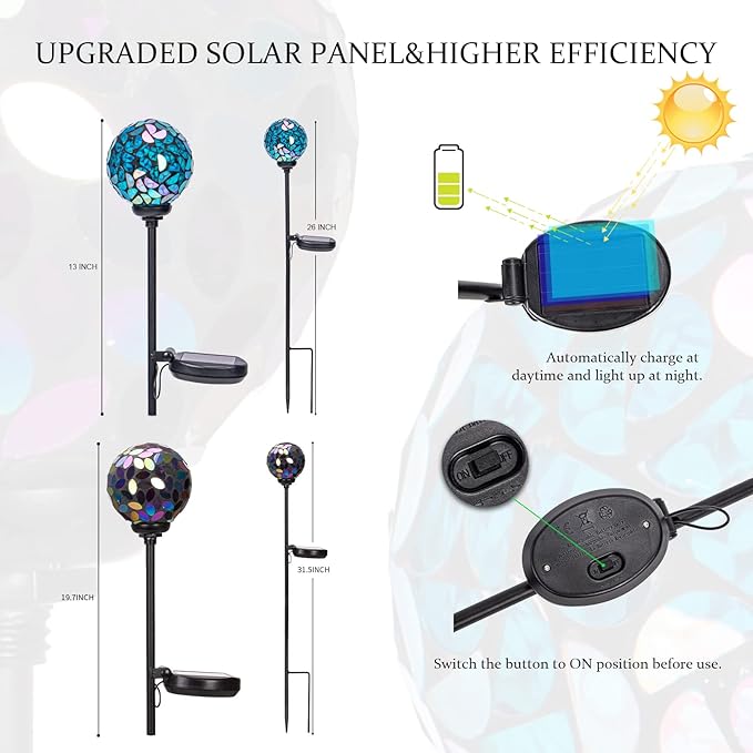 VCUTEKA Solar Garden Decorative Lights Outdoor, Mosaic Solar Light Waterproof LED Pathway Stake Light for Landscape Patio Yard Deck Walkway Decoration, 2 Pack （Blue&Purple）-VerdiqueGarden