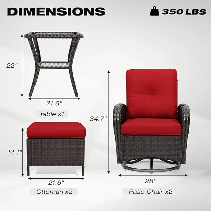 Joyside 5 Piece Patio Furniture Set, Outdoor Swivel Chair Sets with Thick Cushion and Ottoman, Wicker Patio Conversation Set for Porch, Deck Use (Brown/Red, 5 PCS)-VerdiqueGarden