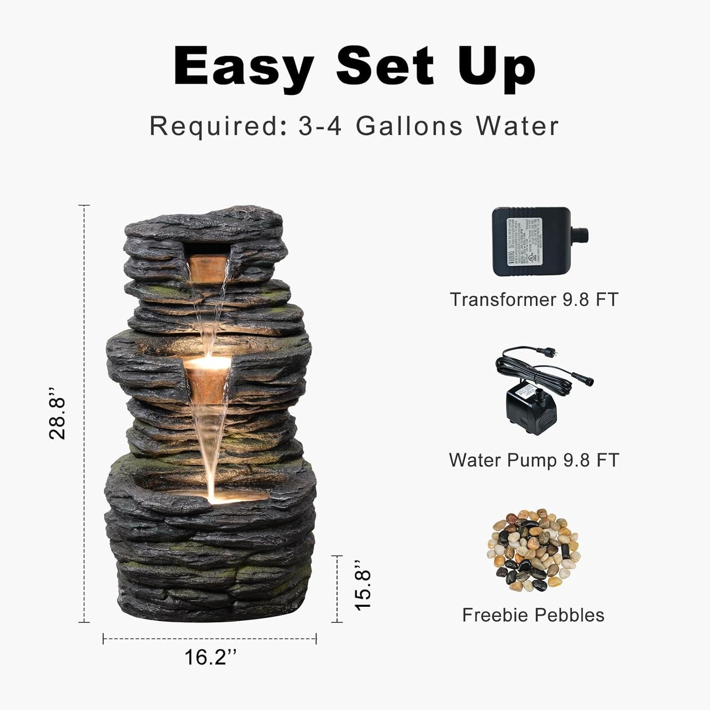 28.8” Tall Rock Water Fountain Outdoor Garden, 3-Tiers Cascading Rock Natural Waterfall Fountains with LED Lights, Indoor Resin Water Feature Fountain for Patio, Garden and Backyard, Deck, Porch, Home-VerdiqueGarden