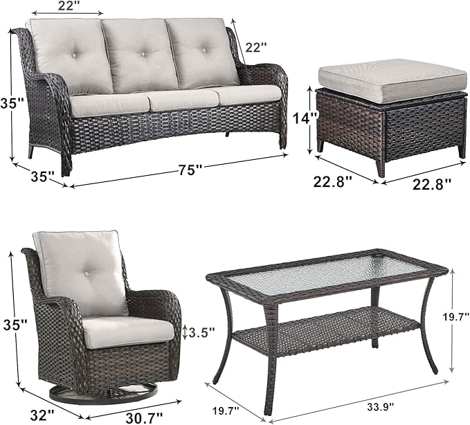 Outdoor Wicker Patio Furniture Set - 6 Piece Rattan Patio Conversation Set with 2 Rocking Swivel Chairs,2 Ottomans,1 Sofa and 1 Coffee Table for Porch Deck Backyard Garden(Brown/Beige)-VerdiqueGarden