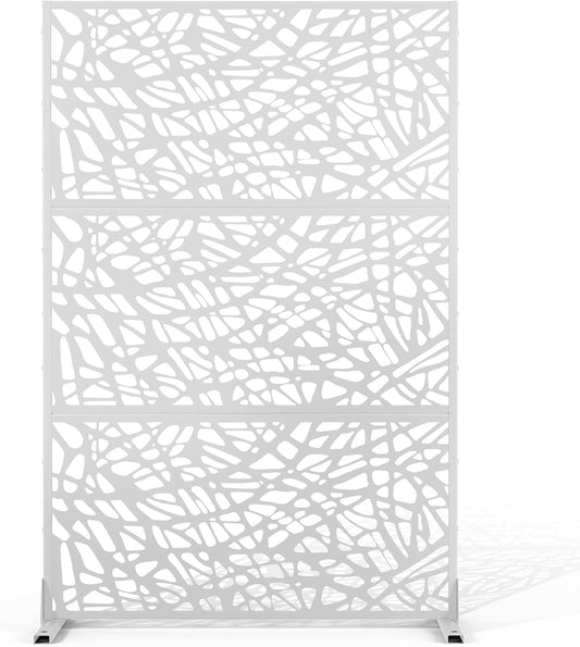 Metal Privacy Screen Outdoor 72" H×47" W,Freestanding Decorative Privacy Screen for Balcony Yard&Garden,Privacy Fence-White&Net-VerdiqueGarden