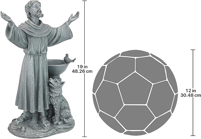 Design Toscano Francis of Assisi Blessing Religious Garden Decor Statue with Bird Bath Feeder, 19 inches Tall, Cast Stone Resin, Gray Stone Finish-VerdiqueGarden