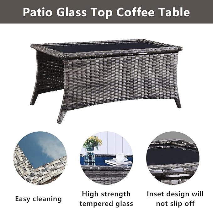 Wicker Patio Furniture Sets - 8 Piece Rattan Outdoor Furniture Conversation Sets with 4 Swivel Rocker Chairs, Rattan Sofa, Wicker Ottomans and Coffee Table, Mixed Grey/Blue-VerdiqueGarden