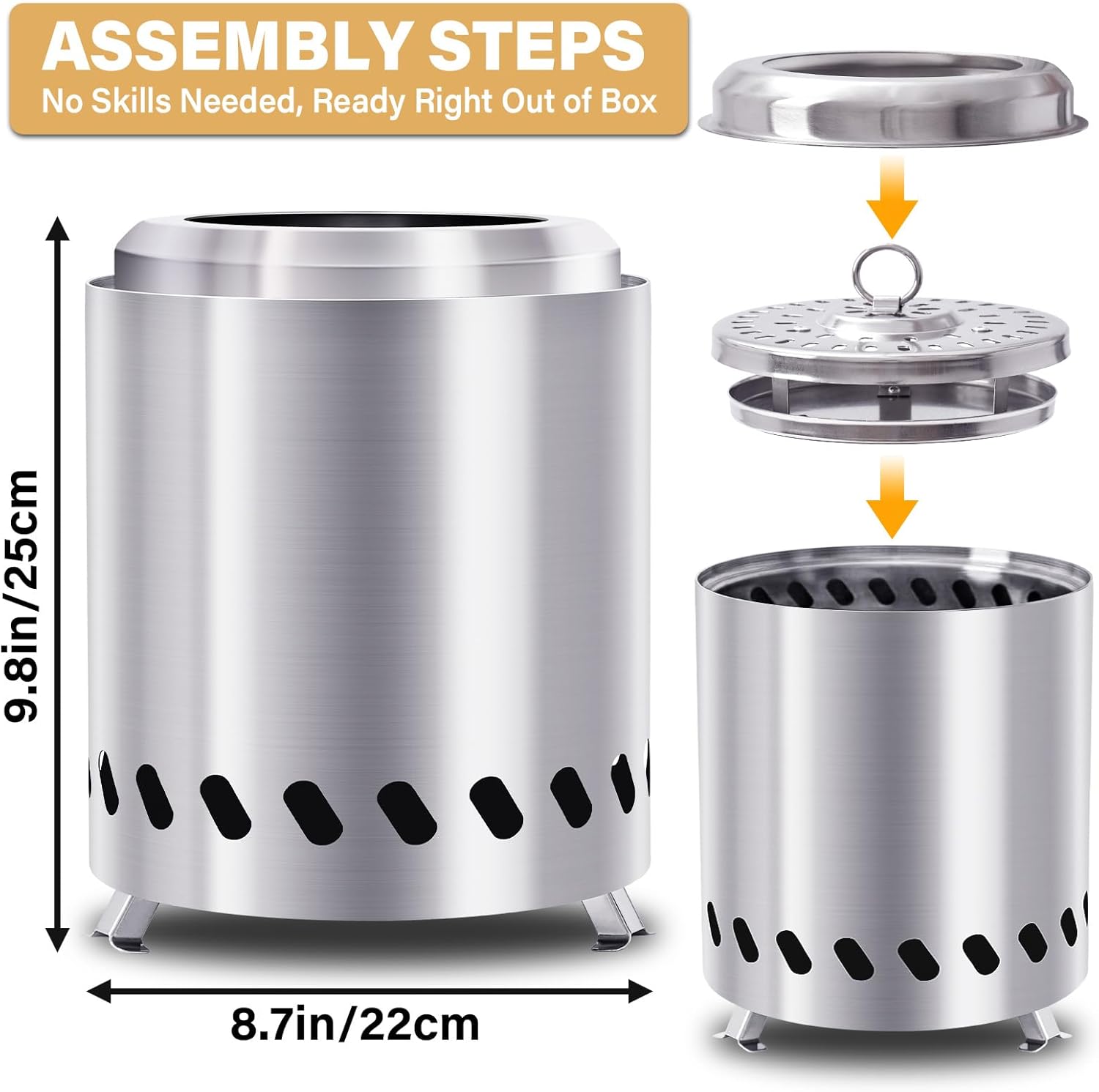 HGD 9.8 x 8.7 in Small Tabletop Fire Pit, Portable Mini Smokeless Table Top Firepit, Low Smoke Camping Stove for Outdoor & Patio, Fueled by Pellets or Wood, with Travel Bag, Stainless Steel, Silver-VerdiqueGarden