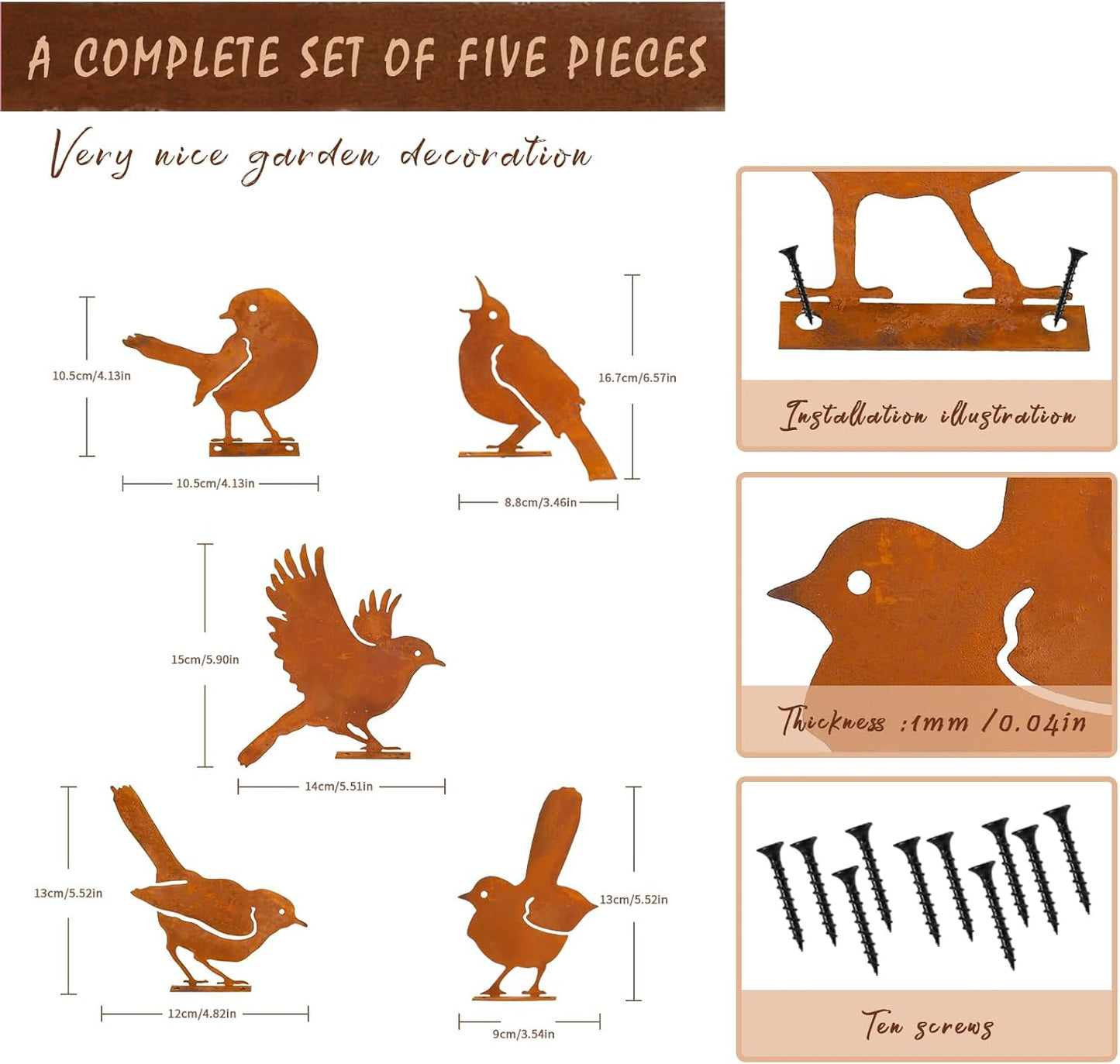 Nbippiooiwip Five-Piece Rustic Outdoor Bird Garden Sculpture Set, Metal Wall Art Bird Ornaments Ideal for Garden Stakes, Fields, Parks, Hotels, and Bird Enthusiasts Rustic Style-VerdiqueGarden