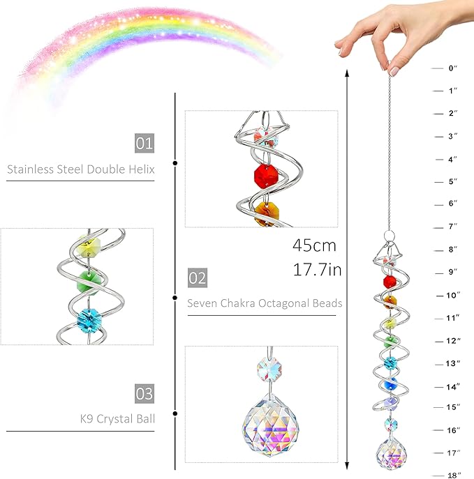H&D HYALINE & DORA Sun Catchers for Windows,Crystal Sun Catcher with Seven Chakra Beads,Decorative Wind Spinner Tail Suncatcher for Indoor Christmas Decoration17.7in-VerdiqueGarden