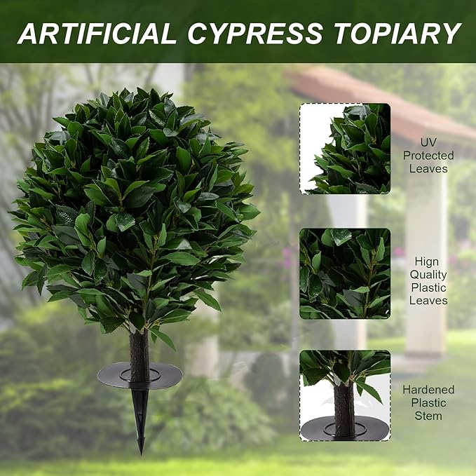 24" Outdoor Evergreens in Outdoor Artificial Shrub Potted Plant Plant for Indoor Porch of Home and Office 2 Pieces a Set Topiary Trees Faux Boxwood with Spike. Easy to Push in The Ground-VerdiqueGarden