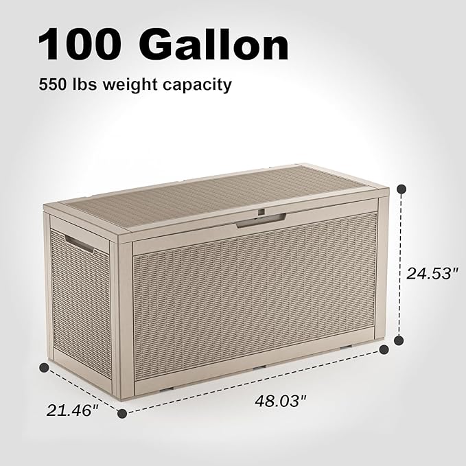 102 Gallon Outdoor Storage Box Waterproof, UV Resistant Resin Deck Box with Hydraulic Rod, Lockable Design and Enhanced Durability for Patio, Garden, and Poolside Use-VerdiqueGarden